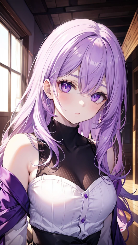 Pretty girl with light violet eyes, bright purple hair, pale complexion 