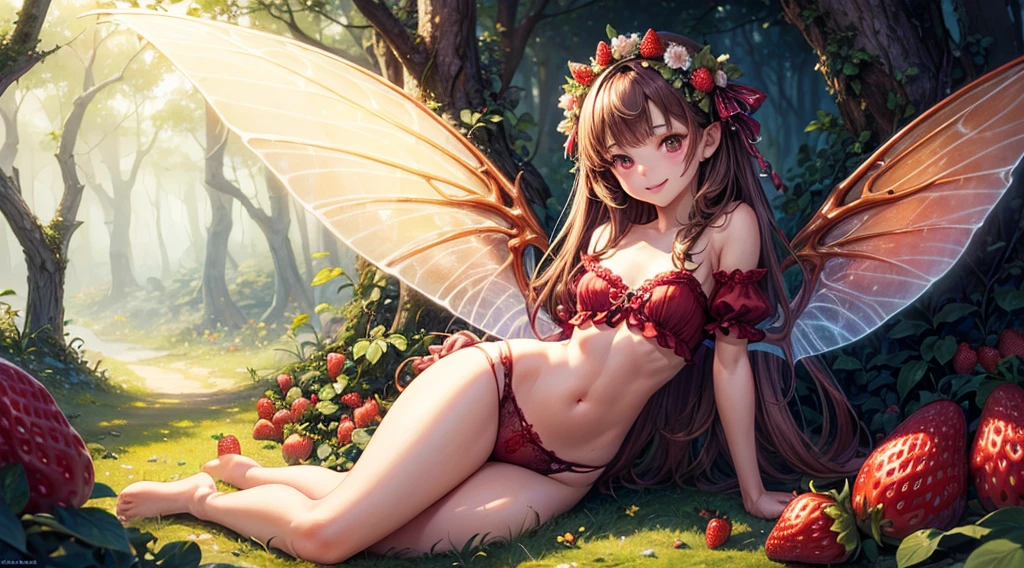 ( Absurd, High quality, ultra-detailed, masterpiece, concept art, smooth, highly detailed artwork, hyper-realistic painting ) , tiny , strawberry girl, Strawberries, cute, whole body, Romantic, Vivid, dreamy, fantasy, fairy wings, in the forest, enchanting glow, very detailed art, reveal clothes, sexy lace underwear, playful, mischievous, smile