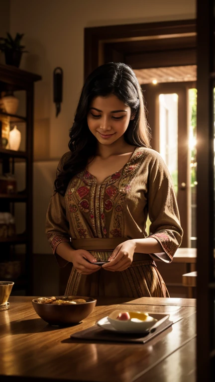 Nur Surya, the embodiment of the store's welcoming spirit, emerges from the back room, the sway of her hips a mesmerizing rhythm in the quietude. She sets down the tray, the chai's rich aroma weaving through the air like a warm embrace, mingling with the faint scent of nostalgia that clings to the forgotten playthings. Her smile, as enchanting as the toys she tends to, lights up the room, a beacon of comfort and camaraderie in the twilight of the day. The scene is a tableau of shared passion, a secret garden of whimsy and wonder, where two souls have found kinship in the most unexpected of places. (img0:0) , soft focus, depth of field, 8k photo, HDR, professional lighting, taken with Canon EOS R5, 75mm lens