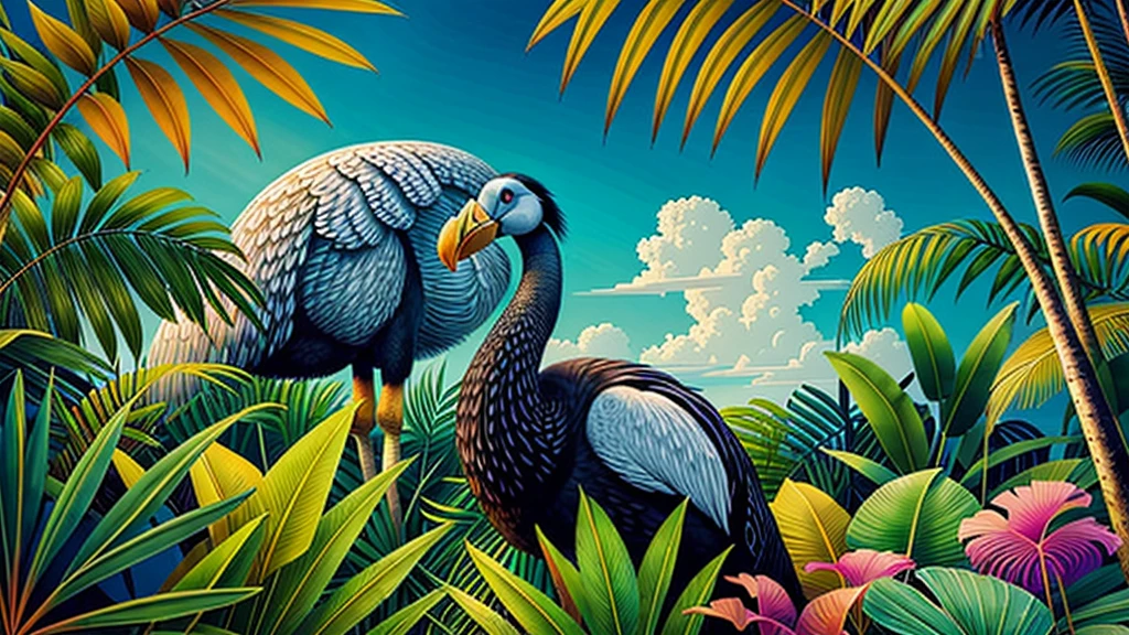 An artistic digital illustration depicting the majestic dodo bird Raphus scopas in its natural habitat, surrounded by vibrant tropical foliage, dramatic dutch light
