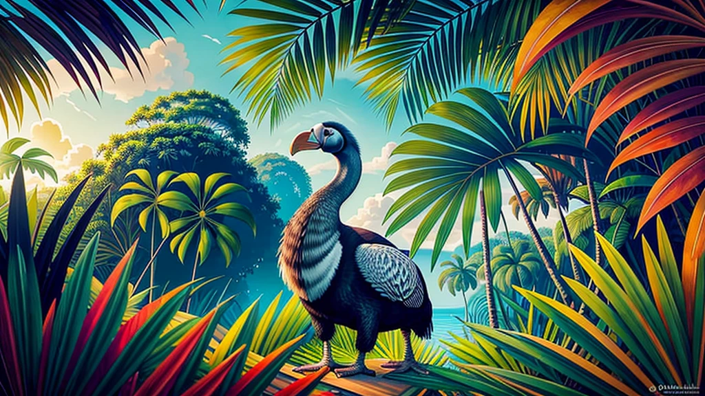 An artistic digital illustration depicting the majestic dodo bird Raphus scopas in its natural habitat, surrounded by vibrant tropical foliage, dramatic dutch light