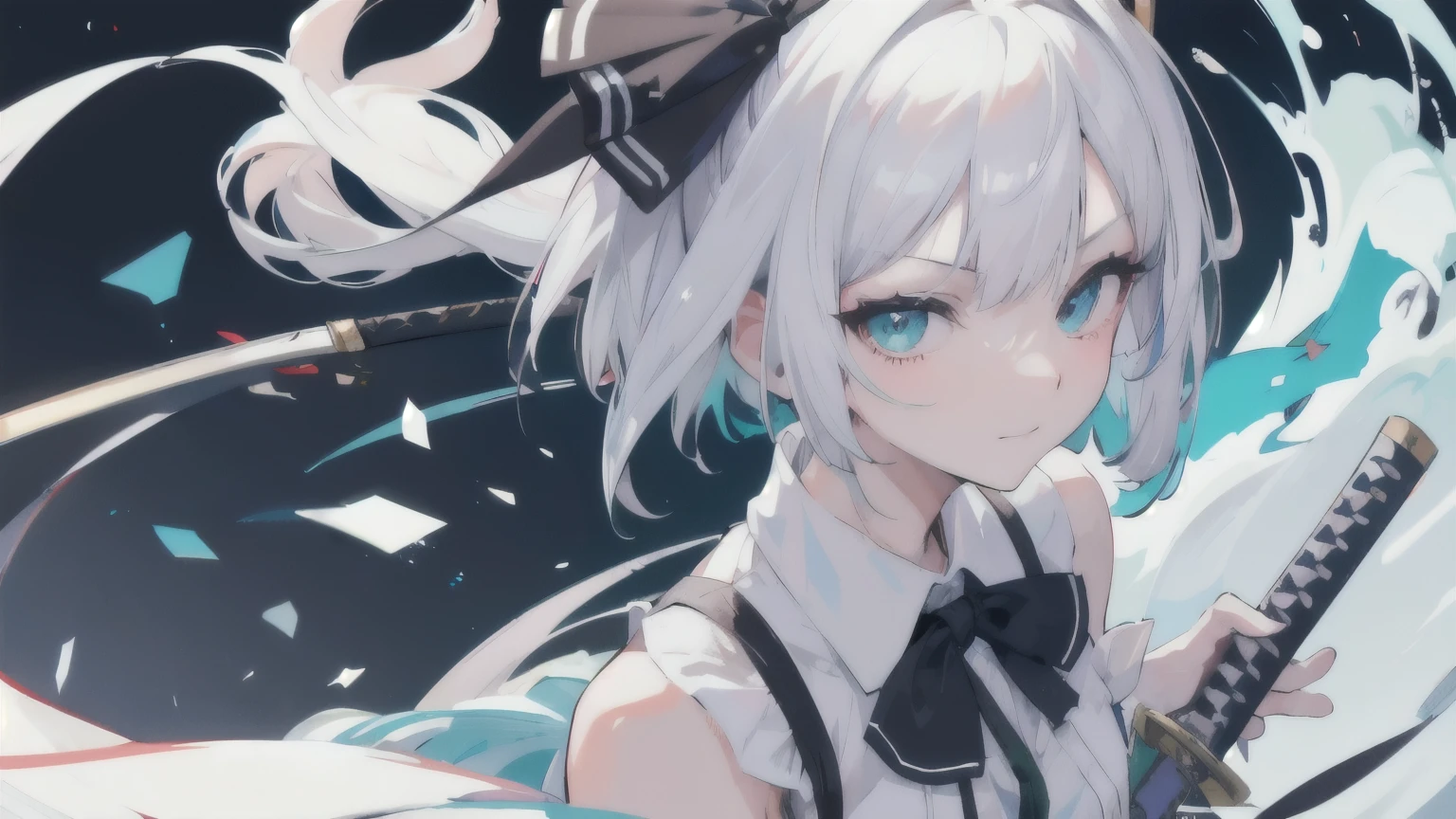 master piece, Best Quality, High resolution, 8K, Ultra-detailed, Anime style, From above, Upper body, Looking at Viewer, the girl has white hair, Konpaku Youmu, Congratulations on your graduation!, Smirk, Battle Pose, have a Katana