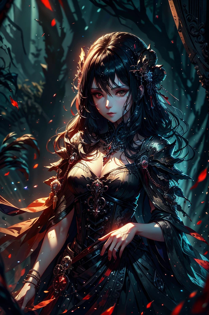 A luminous, enigmatic eldritch vampire, every brushstroke exudes an otherworldly allure: ethereal shimmering skin, cascading inky black hair, and piercing crimson eyes that seem to glow from within the painting. The watercolor image captures the essence of the vampire's supernatural beauty, with a haunting yet mesmerizing quality that draws viewers in. The vivid colors and intricate details showcase the skill of the artist, creating a striking and memorable portrayal of this mythical creature.