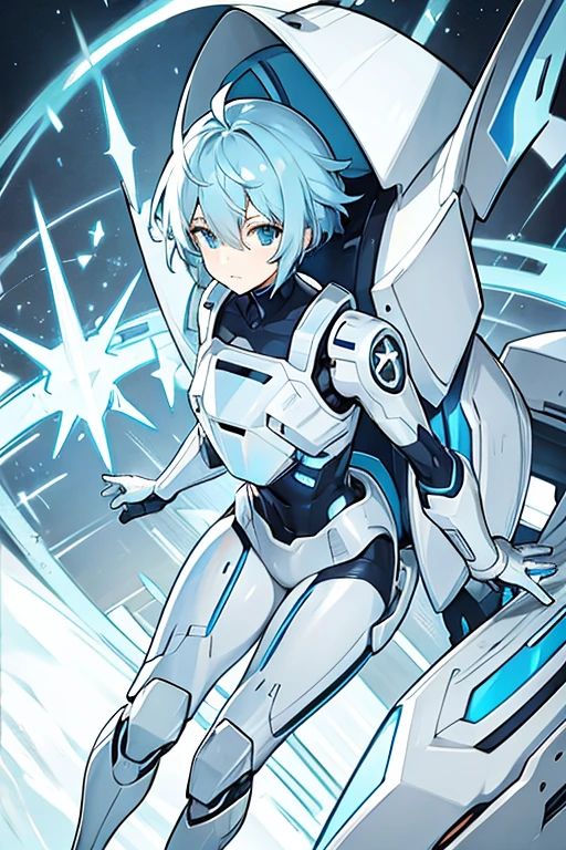 robot man, short light blue hair, blue eyes, White cap