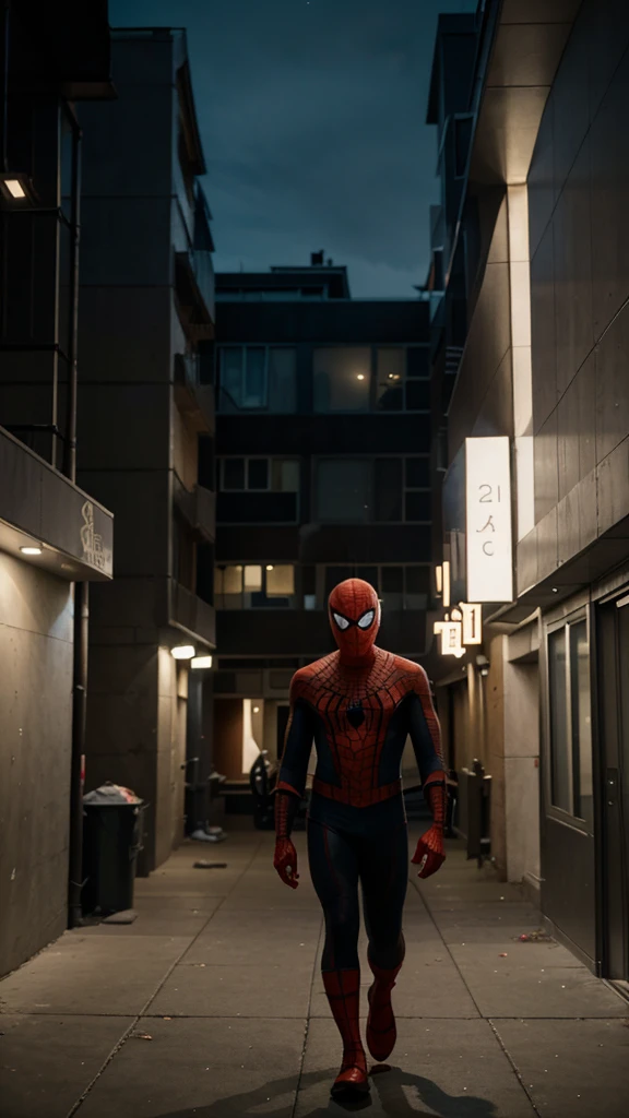 A 3 year old Spider Man boy without a mask is walking around the buildings , background of buildings at night, real photo, professional photo, realistic photo, clear photo, full HD, 4k