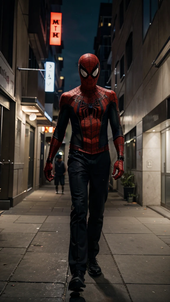 A 3 year old Spider Man boy without a mask is walking around the buildings , background of buildings at night, real photo, professional photo, realistic photo, clear photo, full HD, 4k