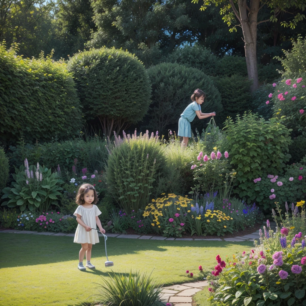 One playing in the garden in a cartoon