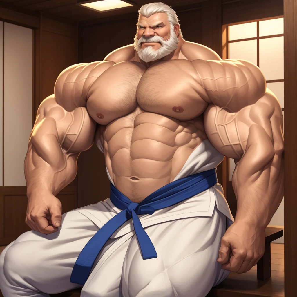 solo, 1boy, perfect anatomy, ground view, wrinkles skin, low shoot, down view, perfect proportion, thick body, thick thighs, sharp eyes, big eyes, smile, perfect fingers, big hand, fingers. Huge Muscular Old man with short hair, karate uniform, Please sit down in the dojo,(karate uniform), view from side, pectoral, thick arms, huge pectoral, wide pectoral, white hair, white beards, masterpiece, semirealistic:1.2, high detailed, 8k, high resolution, perfect center, full view. ((really big muscle, massive muscular, sixpack, thick arms, wide pectoral, super huge muscle, hyper muscular, over sized muscle, huge arms, big arms, huge pectoral))