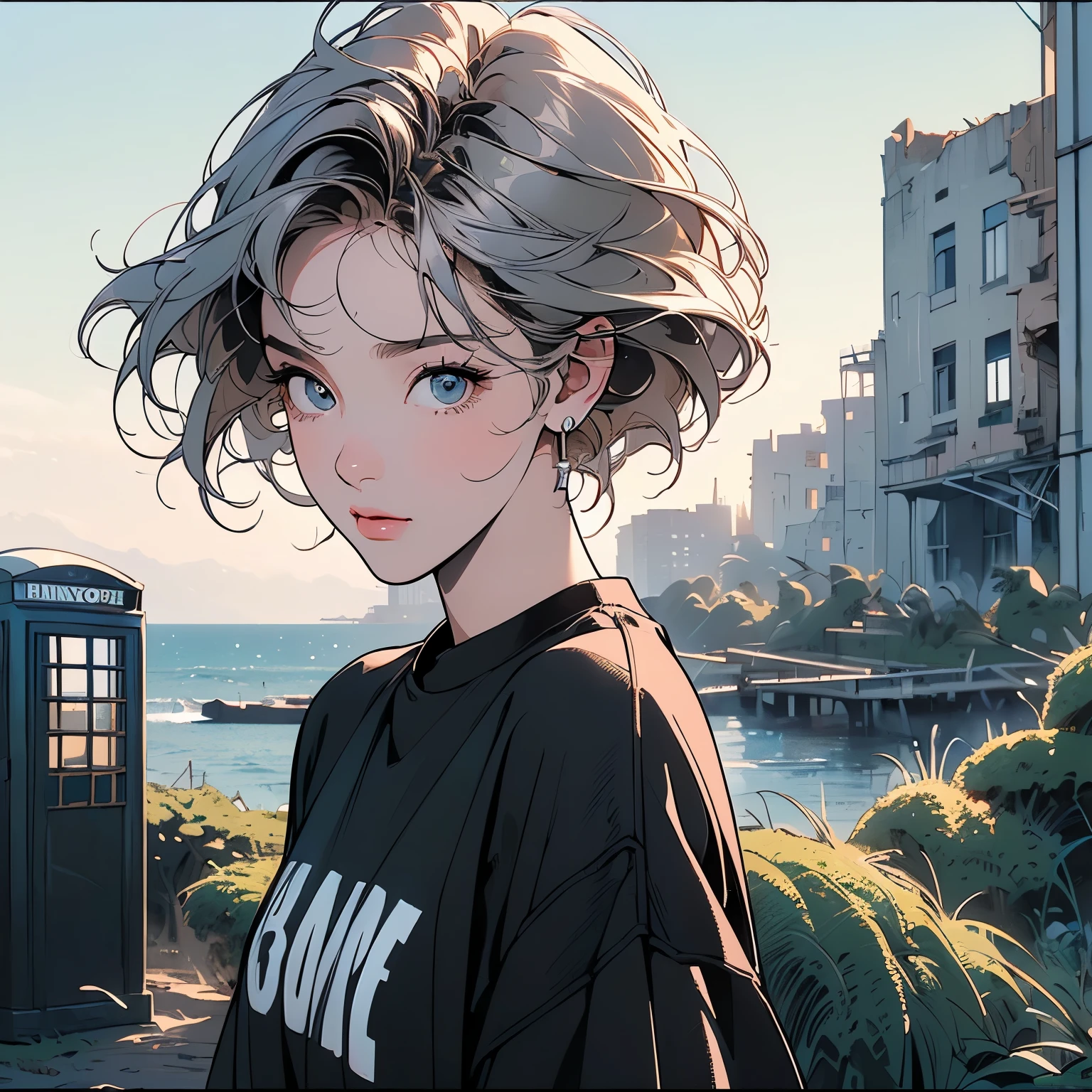 (((Fisheye Lens))), Very wide white background, Superior quality, masterpiece, 32k, Depth of written boundary, Intricate details, (((unmanned))), Very large margins, Lots of text, Company logo, space, Movie Posters, (((Ruins with a view of the sea))), (((Highly detailed grassy))), (((Mossy buildings))),Nostalgia, (((City of night))), Panorama, Long Shot, Backlight, (((Dull colors))),(((Only One Woman))), (((Perfect Face))), 14k, (((Highly detailed background))), (((Highest quality))),(((Cowboy Shot))), Ultra detailed hair, (((Faint lighting))),(((A variety of unique hairstyles))), Super beauty, (((Ultra detailed face))), ((((Different angles)))), (((The wind is blowing))), (((Different hair colors))),(((Very detailed and beautiful sparkling eyes))),(((Broken heavy machinery))),(((Light on the face.))),(((Flat Chest))),(((Black short sleeve sweatshirt)))R,(((mysterious))),(((Destroyed city))),short hair(((Hold the smartphone to your ear)))、Perfect hands、Perfect Fingers、(((Telephone booth)))、完璧なTelephone booth、詳細なTelephone booth、Magazine Cover