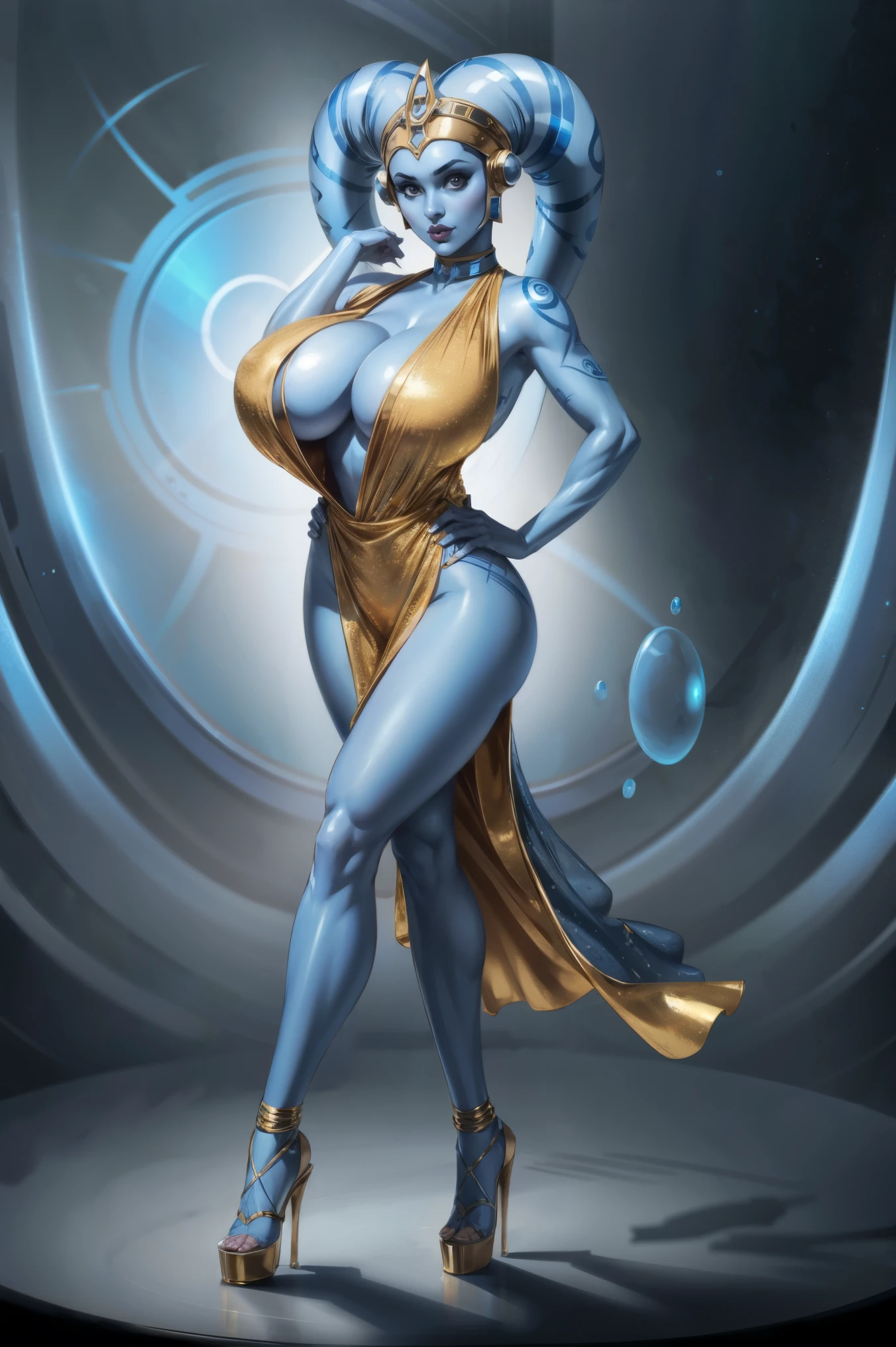 Playful Blue Skin Twi'lek with (huge breasts) wearing a tight short gold cocktail dress, short dress, high neck, sleeveless, (keyhole cleavage), tattoos, large natural breasts, cleavage, long legs, toned, slim hips, small waist, full-body shot