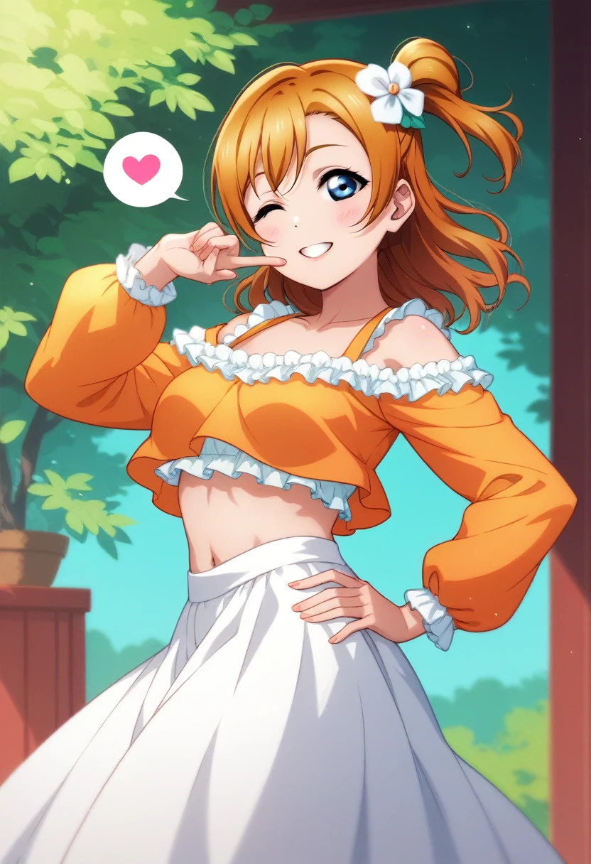 Honoka kousaka love live, cowboy shot, blue eyes, orange hair,hair flower, solo, loose crop top, frilly,long sleeve,long skirt, thighs cutout,thin straps, shiny moist skin, sexy, spoken heart , (lipstick:0.7), wink ,hand on hip, leaning to side 