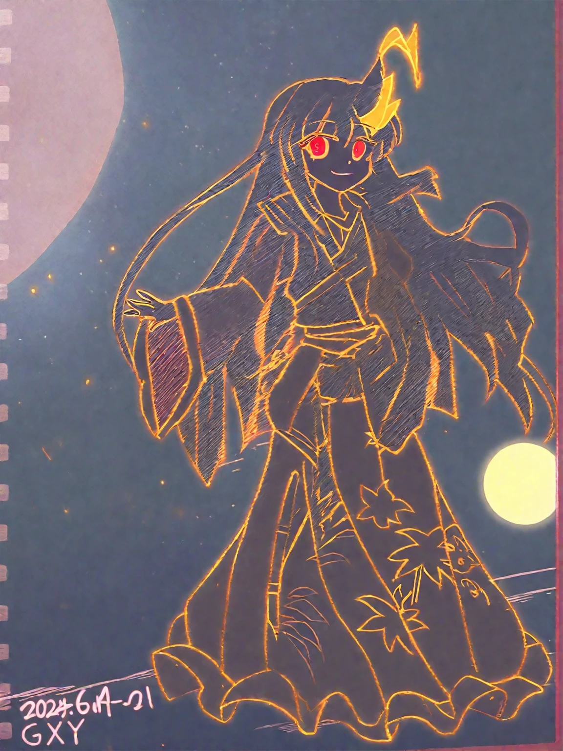 defined lines,houraisan_kaguya_touhou,long_hair, black_hair, very_long_hair, smile,bangs, red_eyes, brown_eyes,(Ornate golden armor plates,golden horn ornaments,multicolored gemstones,yellow and black clothes,black glove,Black torso,Golden chains),night,moon in the upper left corner
