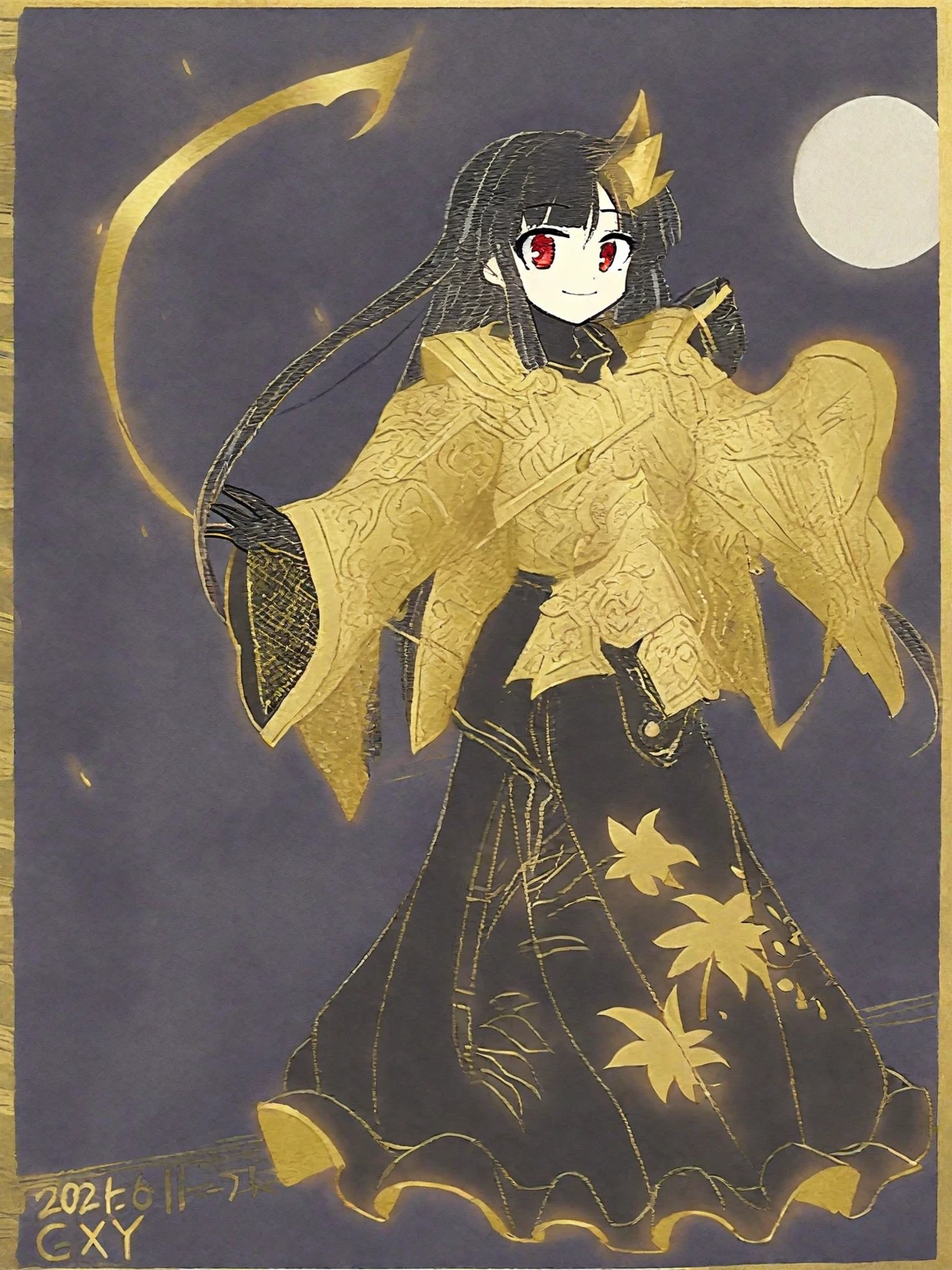 defined lines,houraisan_kaguya_touhou,long_hair, black_hair, very_long_hair, smile,bangs, red_eyes, brown_eyes,(Ornate golden armor plates,golden horn ornaments,multicolored gemstones,yellow and black clothes,black glove,Black torso,Golden chains),night,moon in the upper left corner