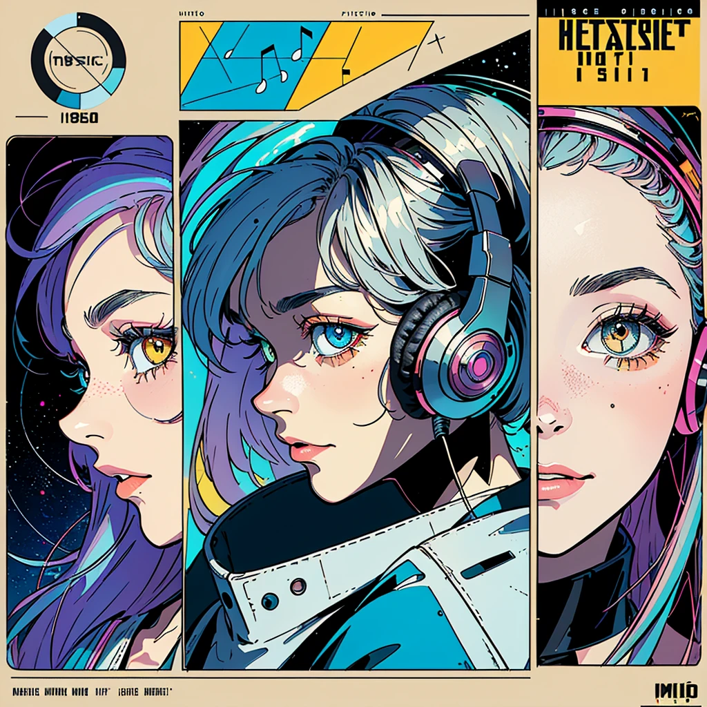 (((masterpiece, Highest quality))),(((alone:1.2))),(((One girl:1.2))),32K Wallpapers, Very detailed, Poster, Vintage science fiction, 1960s,(((((geometric cinematic Music poster))))), (futuristic), shape,(((Plane composition))), Midcentury Modern, movie Poster, Vintage, Perfect Lady,1970s, Halftone, Speech bubble,(((portfolio,close))),(((Different angles))),(((breast enhancement))),((highlight)),Vast landscape,((((Heterochromia iridis)))),(((completion. Detailed face))),(((Very talented))),(((Wearing headphones))),((Overall colorful))