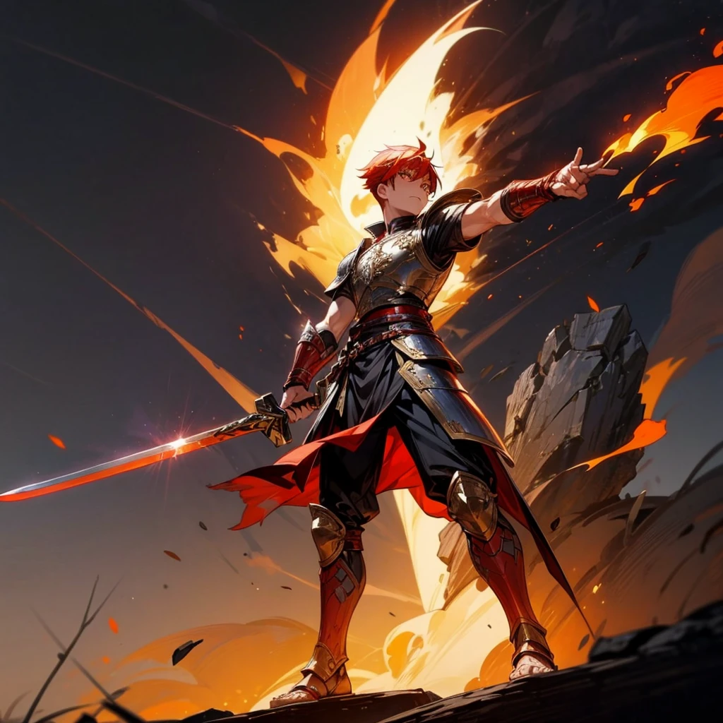 1boys, Full body version, orange eyes, undercut hair, red colour hair, very angry expression, gladiator clothing, short sleeve shirt, gladiator skirt, gold big armor body, bodybelt, gladiator sandals, Spatha sword in hand, (war gesture), Grassroots background in war, Full background, night, moonlight behind, moonlight silhouette, explosion, fire, fire background, blood on face, blood on sword, blood on armor, fire sword