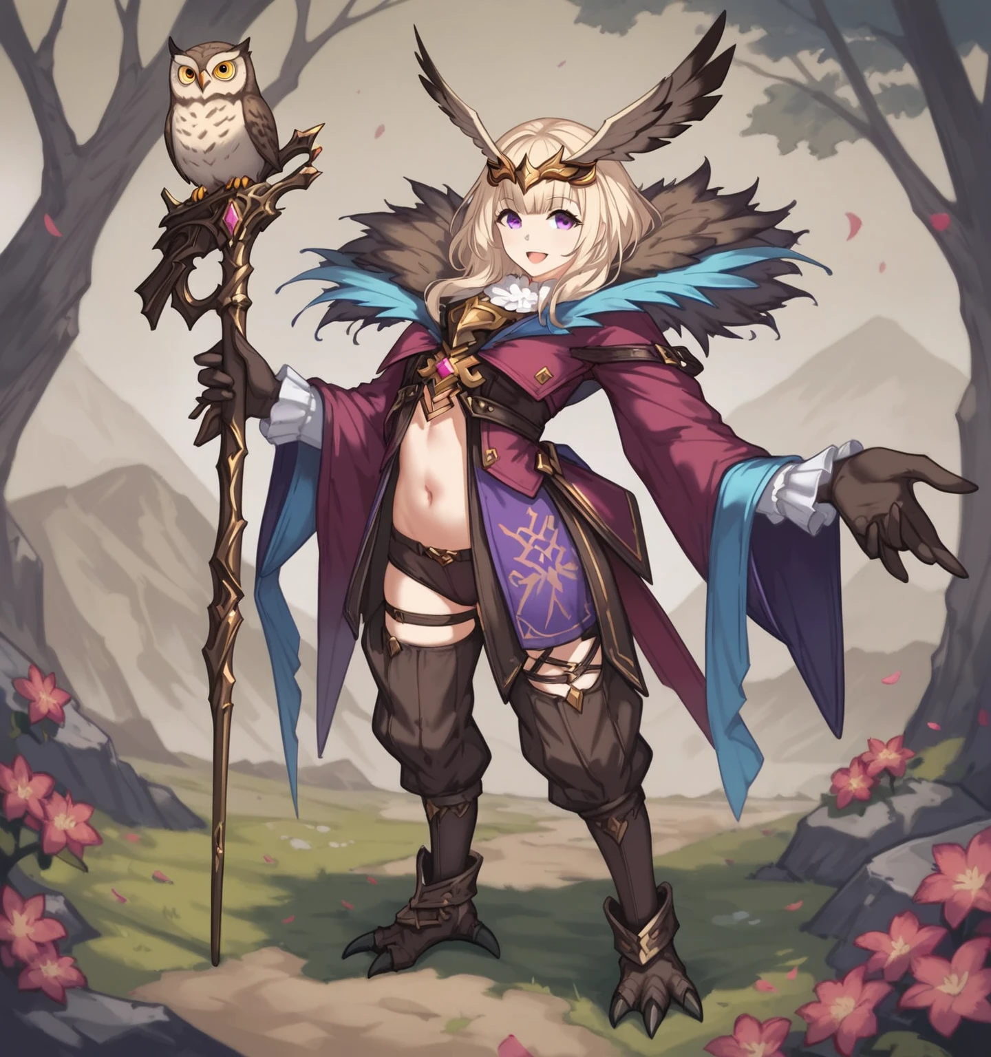 masterpiece, highly detailed, best quality, 1woman, adult, female focus, solo, Fantasy aesthetics, Highly detailed, shadowverse style, were owl