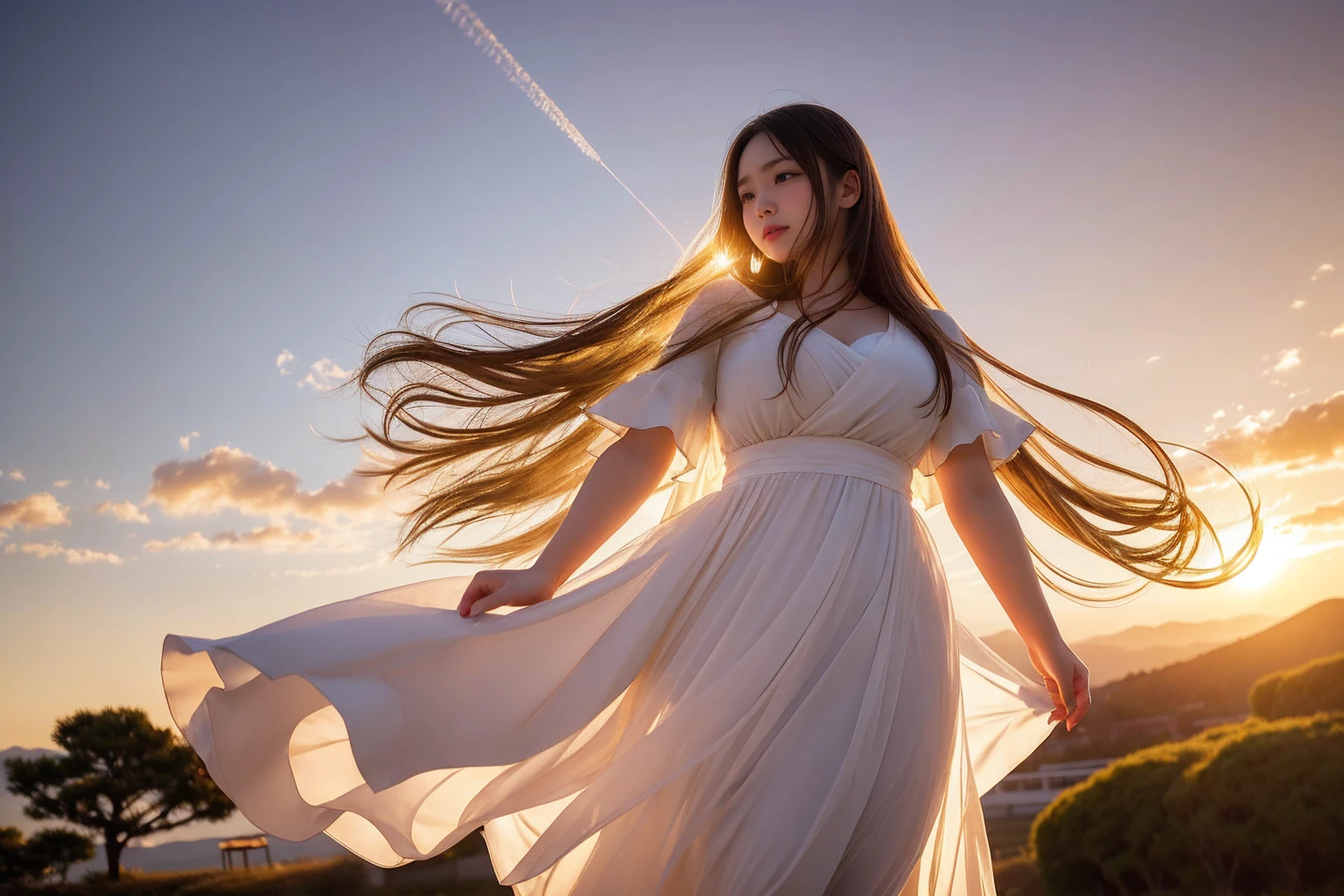 A captivating cinematic photograph of a radiant young japan woman standing amidst an enchanting environment filled with hearts of various sizes and colors. She is dressed in a flowing white dress, with her hair gently blowing in the breeze. The hearts appear to cascade from the sky, cover the ground, and even wrap around the woman's body, creating a sense of love and warmth. The background features a dreamy, golden sunset, and the overall atmosphere evokes feelings of happiness and joy.