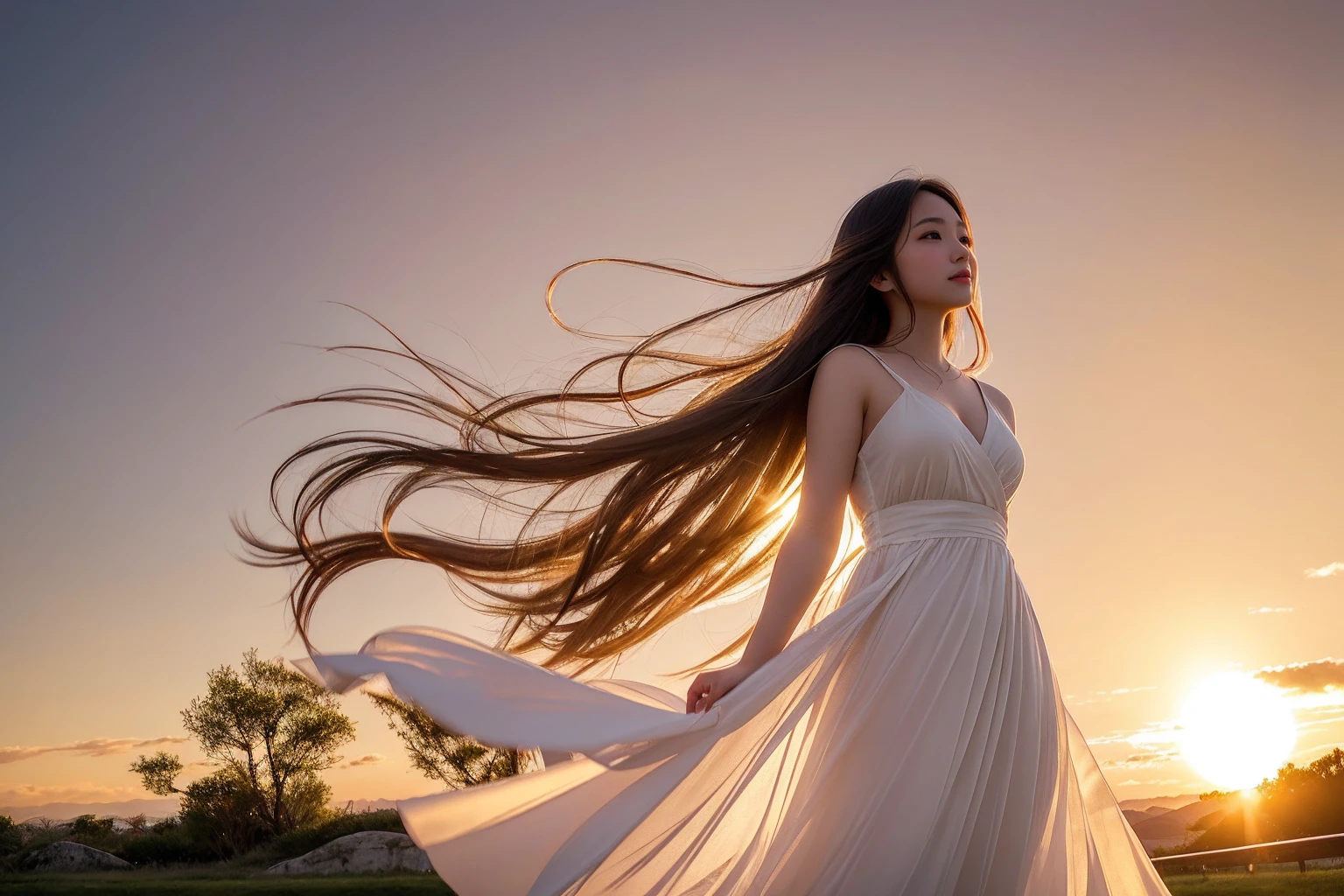 A captivating cinematic photograph of a radiant young japan woman standing amidst an enchanting environment filled with hearts of various sizes and colors. She is dressed in a flowing white dress, with her hair gently blowing in the breeze. The hearts appear to cascade from the sky, cover the ground, and even wrap around the woman's body, creating a sense of love and warmth. The background features a dreamy, golden sunset, and the overall atmosphere evokes feelings of happiness and joy.