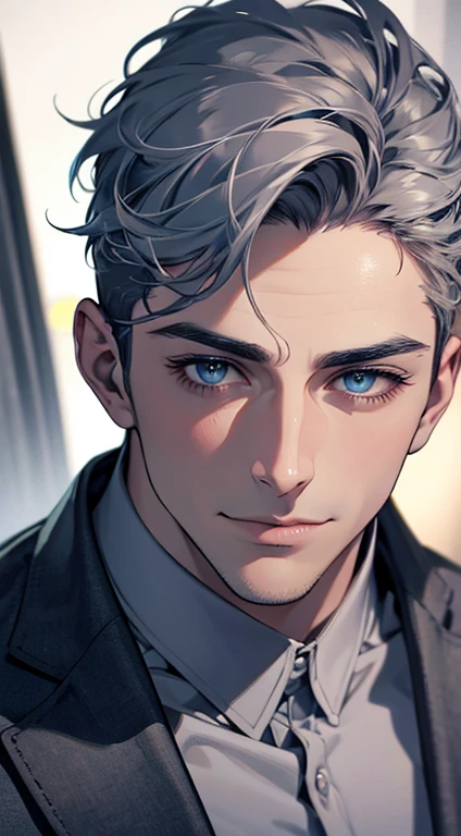 (best quality,4k,8k,highres,masterpiece:1.2),ultra-detailed,(realistic,photorealistic,photo-realistic:1.37),1 man,31 years old,mature man,very handsome,without expression,smile,short grey blue hair,blue eyes,penetrating gaze,perfect face without errors,imposing posture,businessman,office background,cinematic lighting,hdr image
