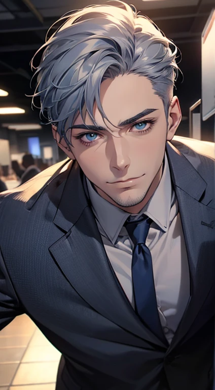 (best quality,4k,8k,highres,masterpiece:1.2),ultra-detailed,(realistic,photorealistic,photo-realistic:1.37),1 man,31 years old,mature man,very handsome,without expression,smile,short grey blue hair,blue eyes,penetrating gaze,perfect face without errors,imposing posture,businessman,office background,cinematic lighting,hdr image