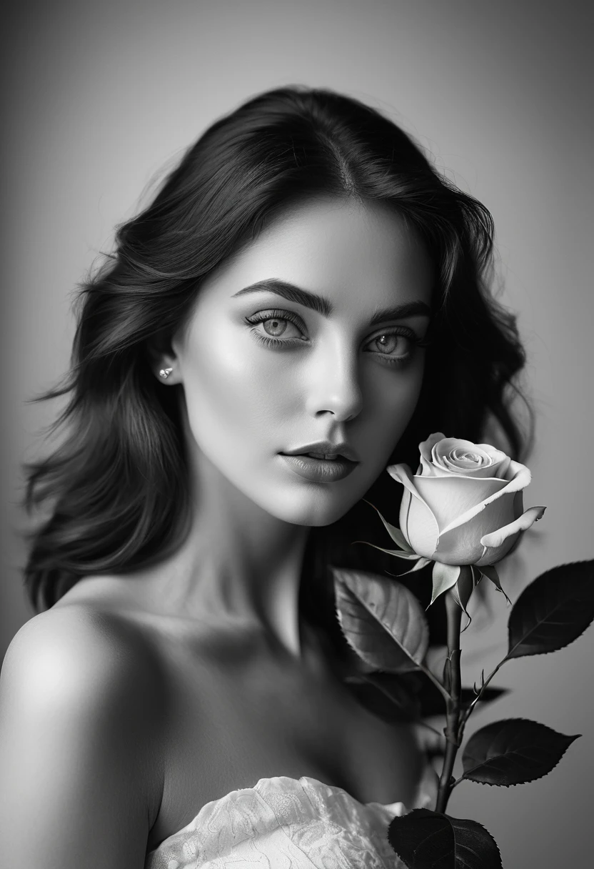 black and white, a woman with green eyes, flawless skin, half body shot, holding a rose, whimsical photography style, captured with an Arriflex 35BL camera using Canon K25 prime lenses, cinematic, dramatic lighting, ultra clear, breathtaking surreal masterpiece.