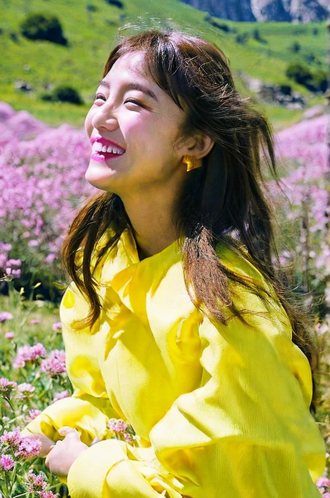 medium shoot, Top quality, masterpiece, very high resolution, photorealistic, raw photo, 25 year old beautiful woman with multiple layer long hair, round face and diamond chin, yellow luxurious long sleeves dress, standing in a field of blooming flowers, rugged mountains, glowing skin, laughed broadly