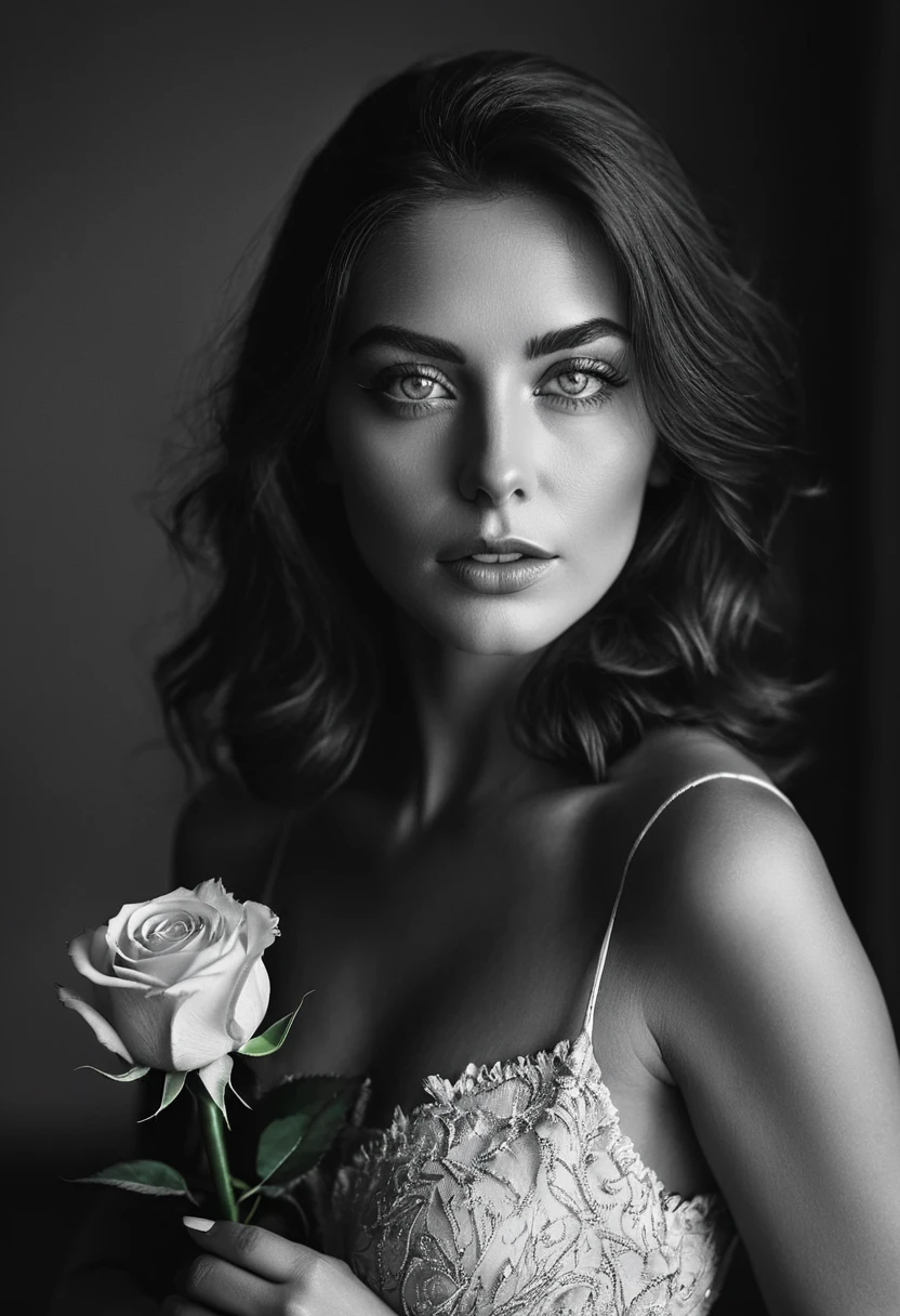 black and white, a woman with green eyes, flawless skin, half body shot, holding a rose, whimsical photography style, captured with an Arriflex 35BL camera using Canon K25 prime lenses, cinematic, dramatic lighting, ultra clear, breathtaking surreal masterpiece.