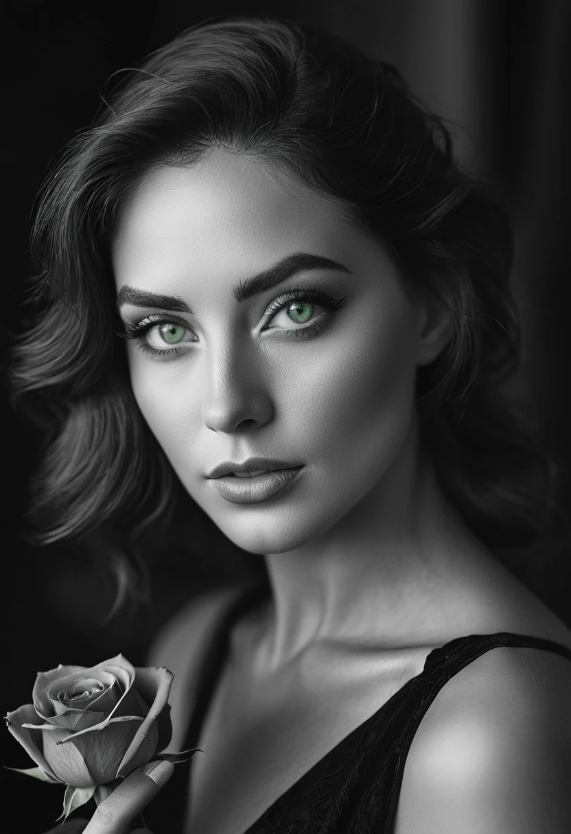 black and white, a woman with green eyes, flawless skin, half body shot, holding a rose, whimsical photography style, captured with an Arriflex 35BL camera using Canon K25 prime lenses, cinematic, dramatic lighting, ultra clear, breathtaking surreal masterpiece.
