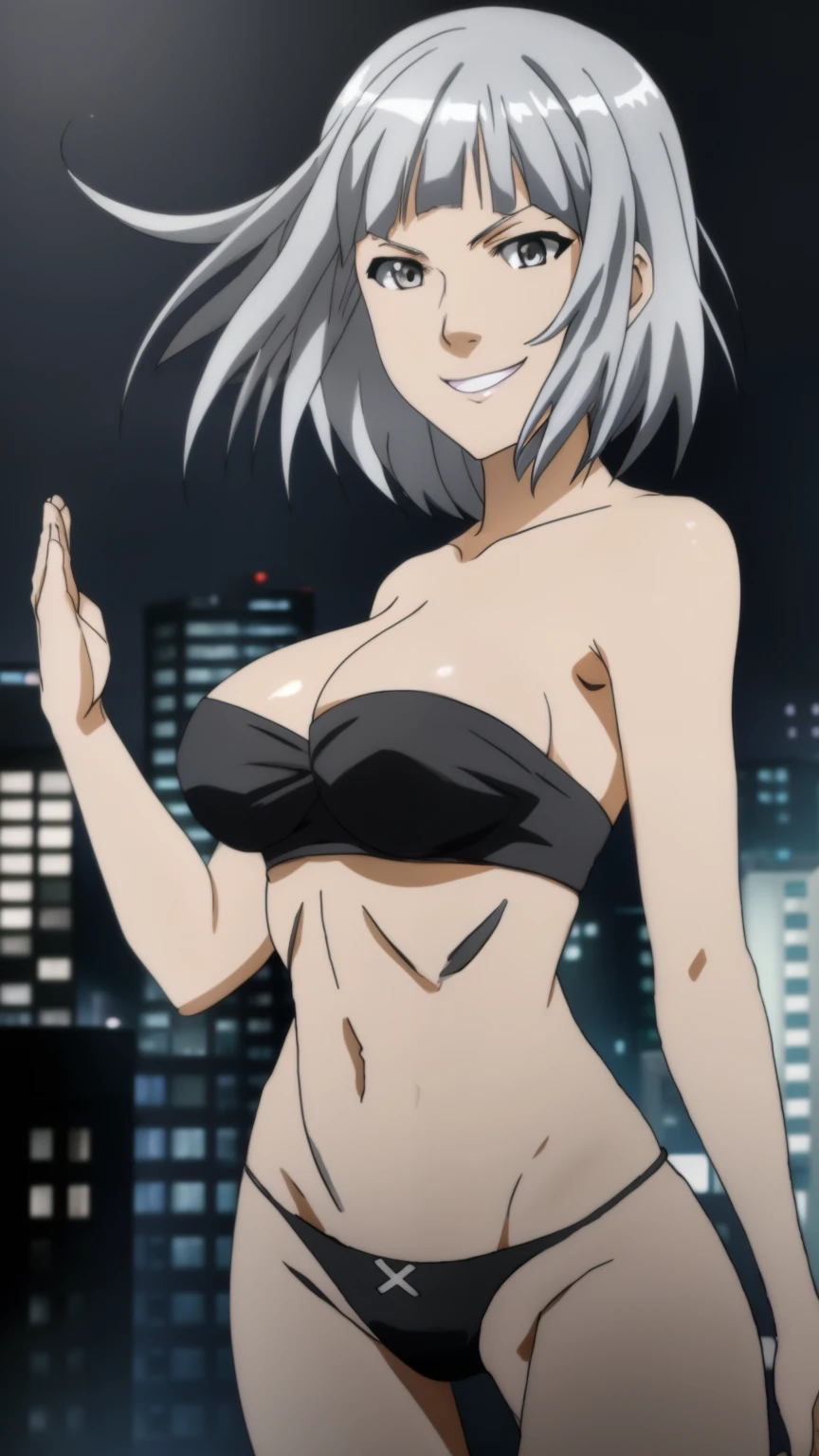 anime,  Anointing,  breast enhancement, 1 Female, Gray Hair, ((Silver Eyes)), smile, Black Bikini, abdomen, Fighting Pose, Raise the hand, 8K, 16K, Topics on pixiv, Fan Box, Sketch, masterpiece, Detailed face, Digital Painting, Night city background, 