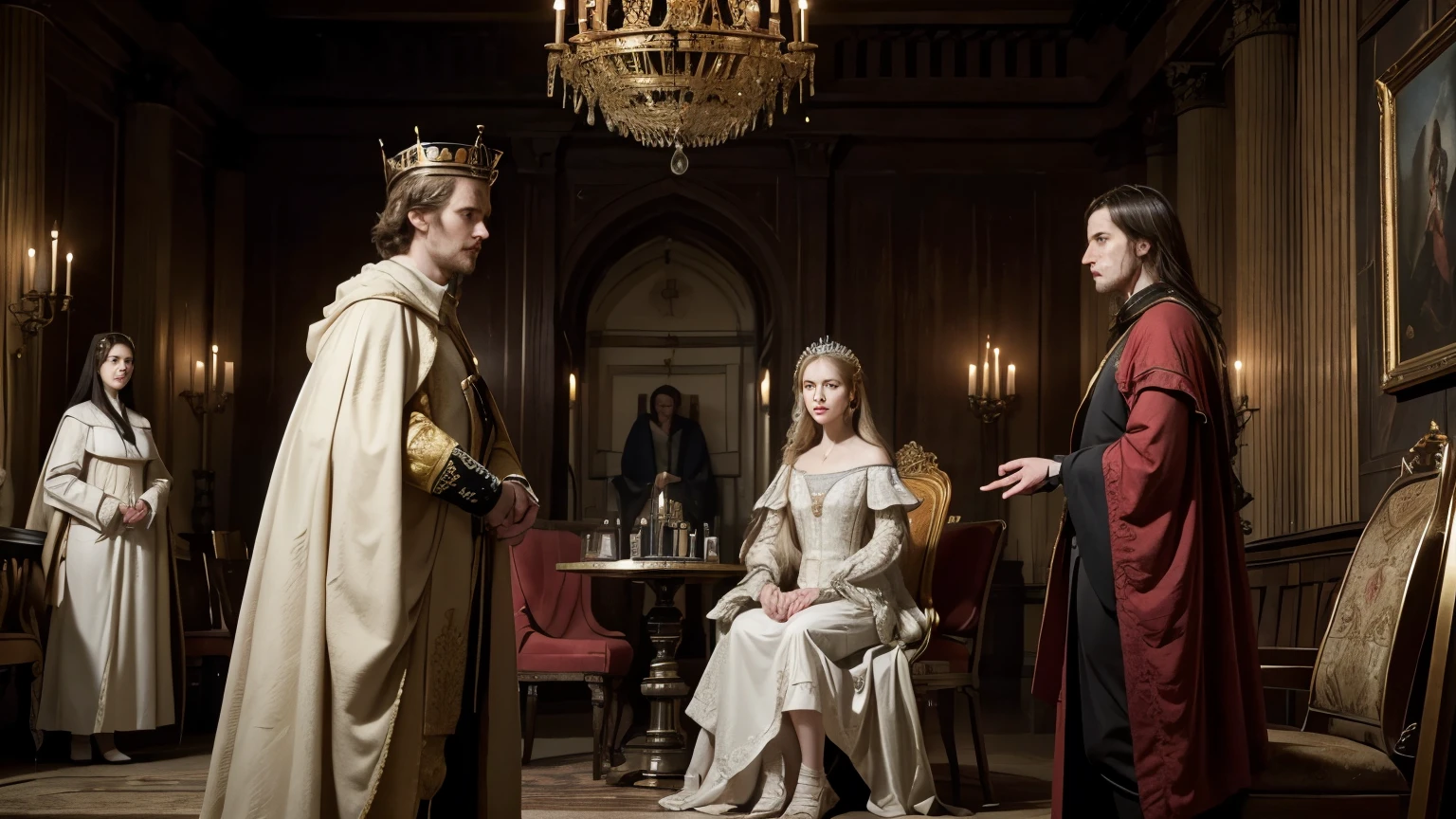 "Generate an image that represents a tense scene in a medieval room, where King Philip IV of France (Philip the Handsome) e Isabella of France confrontan a Margarita, Blanche and Joan of Burgundy. In the foreground, Margarita is standing next to a chair. Blanca is next to him showing signs of discomfort and anger.. Juana, the most serene, is standing in front of the king, trying to stay calm. King Philip IV, standing with an imposing posture, wears a royal robe rich in details and a crown. His face is severe, with intense eyes that stare at the three women. Isabella of France, Together with him, has an expression of disdain and satisfaction, with a rigid posture.