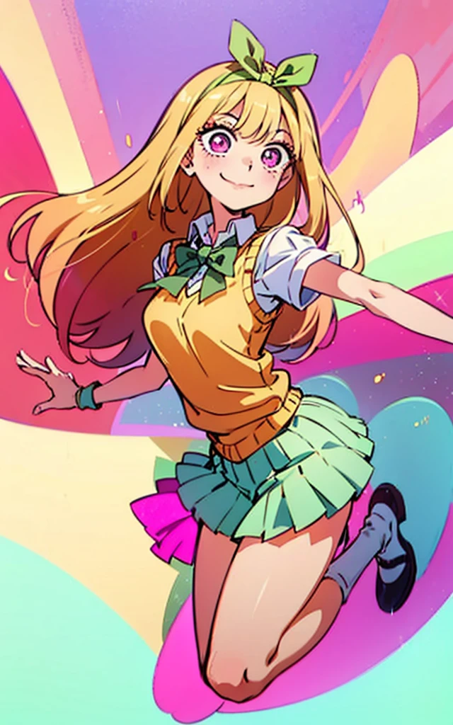 Marin kitagawa, long hair, marin drssed up as Yotsuba Nakano, long blonde hair with pink ends, sparkling pink eyes, sweet face, cheery, playful happy face, lovely, 4k, perfect quality, excellent fusion, excellent character design, green ribbon, sleeveless yellow sweater, collared white short sleeved shirt, green bow tie, green pleated skirt, bright colors, pastel coloured image, vivid colours, light colours, simple background, magic hill background, splendid nature, natural light, daylight, full body, full shot, dinamic pose, extremely detailed, clean lineart, neat, smile