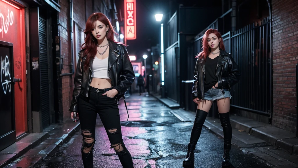 Nova is standing with her red hair in the middle of a graffiti-covered alleyway, surrounded by vibrant street art that contrasts with her dark, edgy outfit. She has a confident stance, with one hand in her pocket and the other holding a microphone. The alley is dimly lit, with neon lights reflecting off the wet pavement, giving the scene a gritty, urban feel.
Outfit: Black leather jacket with silver studs, ripped black jeans, combat boots, and a silver chain necklace.
Lighting: Neon pink and blue lights, with shadows casting dramatic effects on her face and surroundings.
Pose: Nova is in mid-rap, with intense focus in her eyes and a slight smirk, showcasing her confidence and dominance.