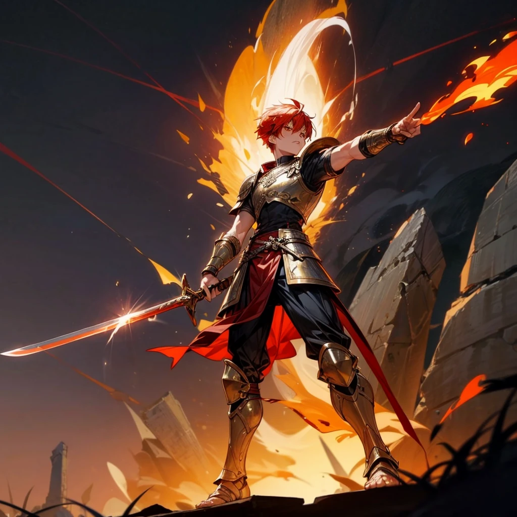 1boys, Full body version, orange eyes, undercut hair, red colour hair, very angry expression, gladiator clothing, short sleeve shirt, gladiator skirt, gold big armor body, bodybelt, gladiator sandals, Spatha sword in hand, (war gesture), Grassroots background in war, Full background, night, moonlight behind, moonlight silhouette, explosion, fire, fire background, blood on face, blood on sword, blood on armor, fire sword