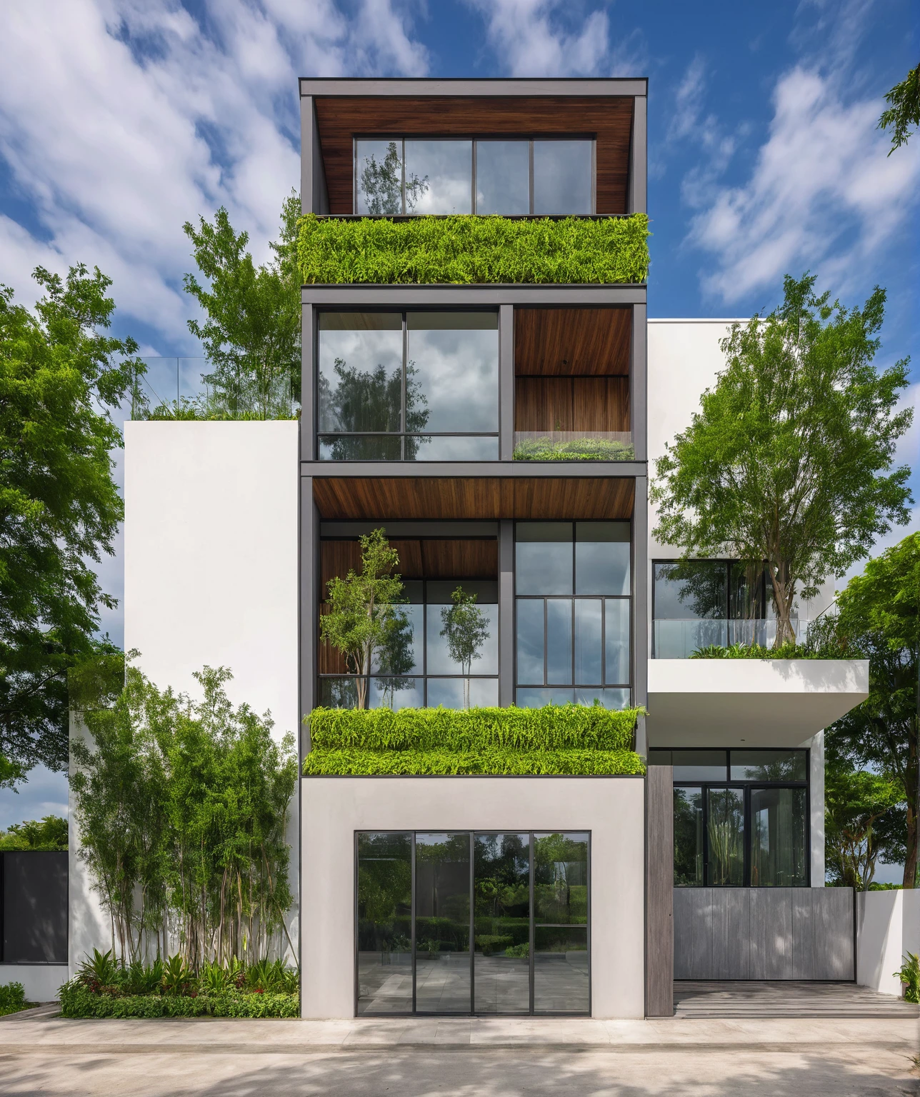 modern villa on street, (overcast lighting:1.2), tropical tree, vivid color, streetcapes, nice sky, grey and wwhite tone, (large glass door:1.2), warm interior lighting, modern material, best quality, ultra realistic, masterpiece, 17ArchiAI_XL_VL-v1