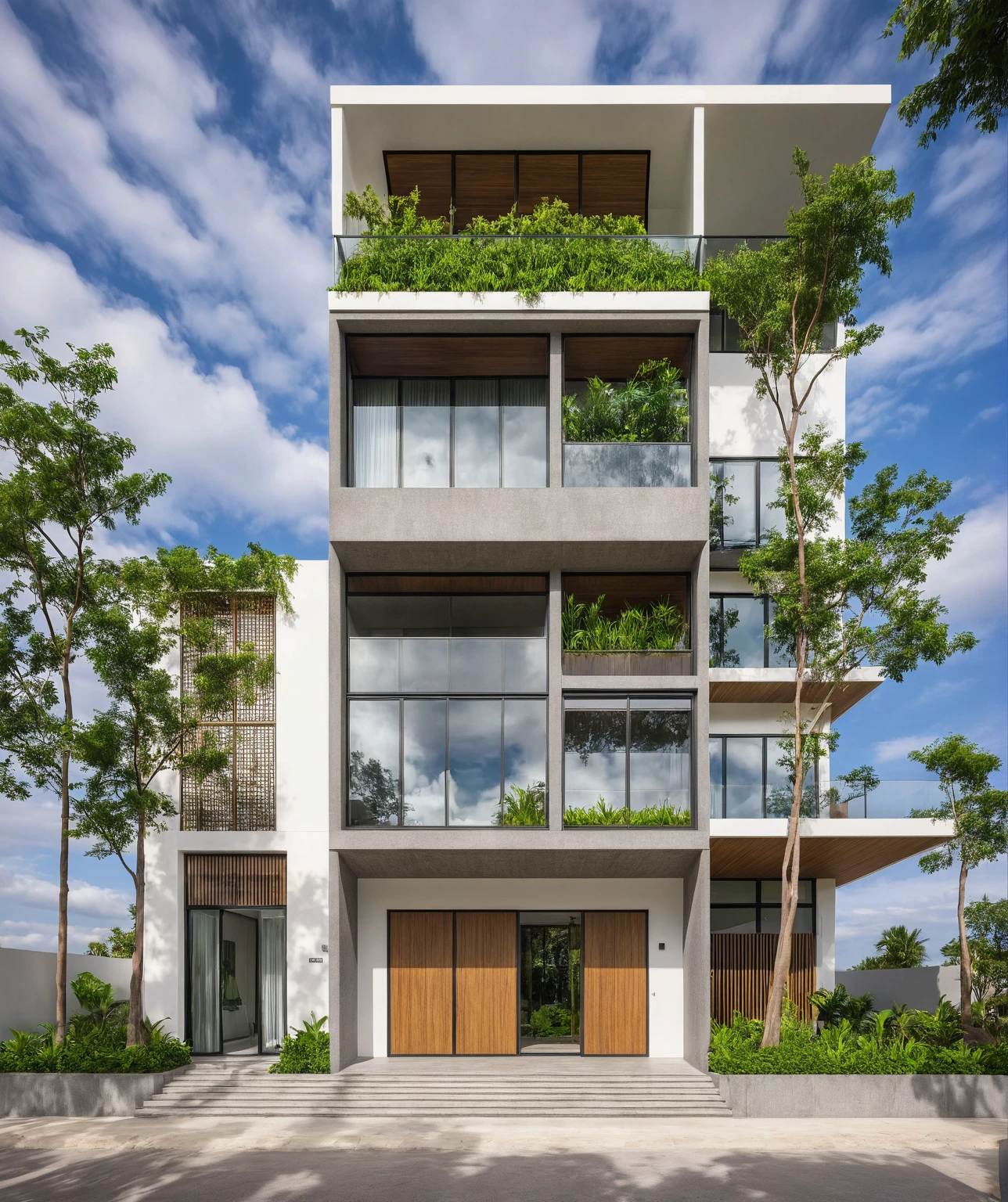 modern villa on street, (overcast lighting:1.2), tropical tree, vivid color, streetcapes, nice sky, grey and wwhite tone, (large glass door:1.2), warm interior lighting, modern material, best quality, ultra realistic, masterpiece, 17ArchiAI_XL_VL-v1
