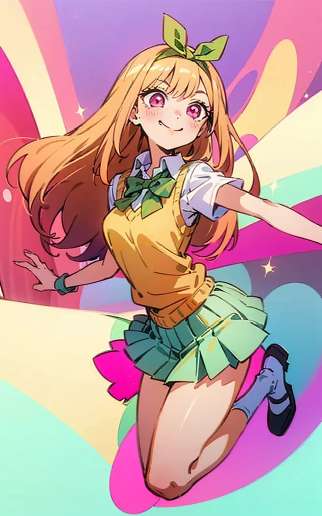 Marin kitagawa, long hair, marin drssed up as Yotsuba Nakano, long blonde hair with pink ends, sparkling pink eyes, sweet face, cheery, playful happy face, lovely, 4k, perfect quality, excellent fusion, excellent character design, green ribbon, sleeveless yellow sweater, collared white short sleeved shirt, green bow tie, green pleated skirt, bright colors, pastel coloured image, vivid colours, light colours, simple background, magic hill background, splendid nature, natural light, daylight, full body, full shot, dinamic pose, extremely detailed, clean lineart, neat, smile