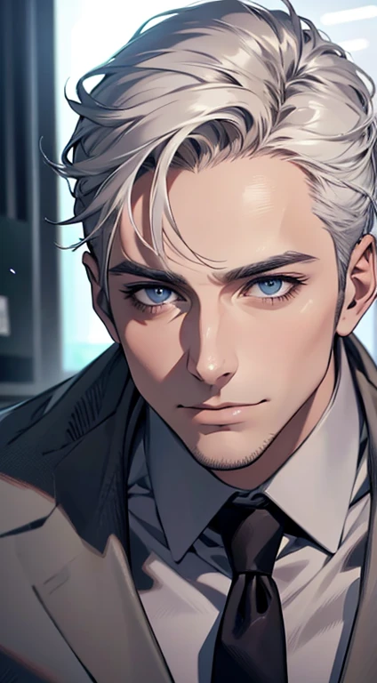 (best quality,4k,8k,highres,masterpiece:1.2),ultra-detailed,(realistic,photorealistic,photo-realistic:1.37),1 man,31 years old,mature man,very handsome,without expression,smile,short grey white hair,blue eyes,penetrating gaze,perfect face without errors,imposing posture,businessman,office background,cinematic lighting,hdr image