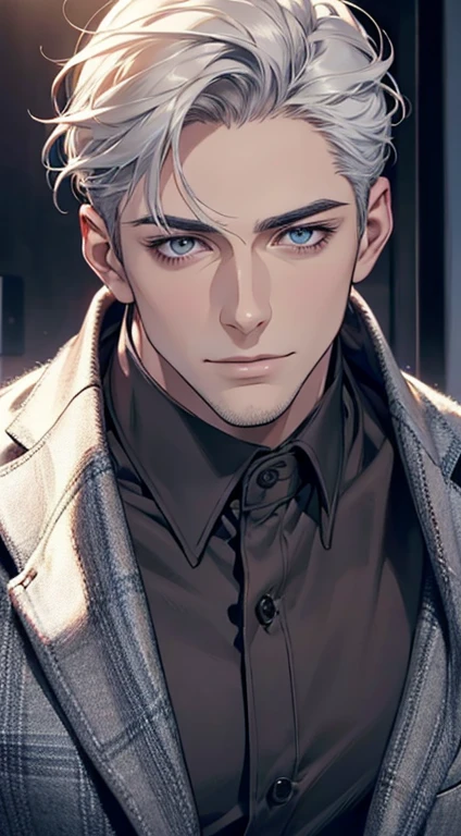 (best quality,4k,8k,highres,masterpiece:1.2),ultra-detailed,(realistic,photorealistic,photo-realistic:1.37),1 man,31 years old,mature man,very handsome,without expression,smile,short grey white hair,blue eyes,penetrating gaze,perfect face without errors,imposing posture,businessman,office background,cinematic lighting,hdr image