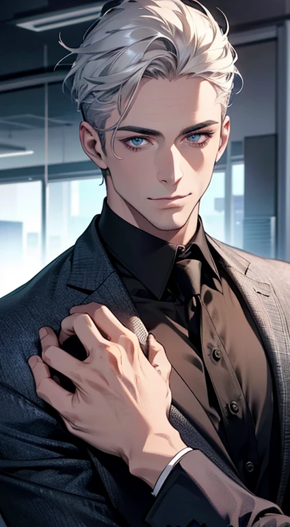 (best quality,4k,8k,highres,masterpiece:1.2),ultra-detailed,(realistic,photorealistic,photo-realistic:1.37),1 man,31 years old,mature man,very handsome,without expression,smile,short grey white hair,blue eyes,penetrating gaze,perfect face without errors,imposing posture,businessman,office background,cinematic lighting,hdr image