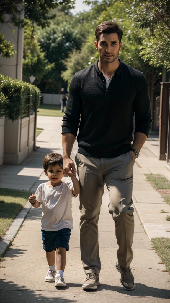 A handsome 30 year old man is walking with a handsome 3 year old boy, professional photo, clear photo, real photo, full HD, 4k 