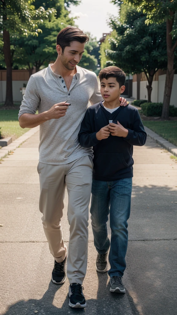 A handsome 30 year old man is walking with a handsome 3 year old boy, professional photo, clear photo, real photo, full HD, 4k 