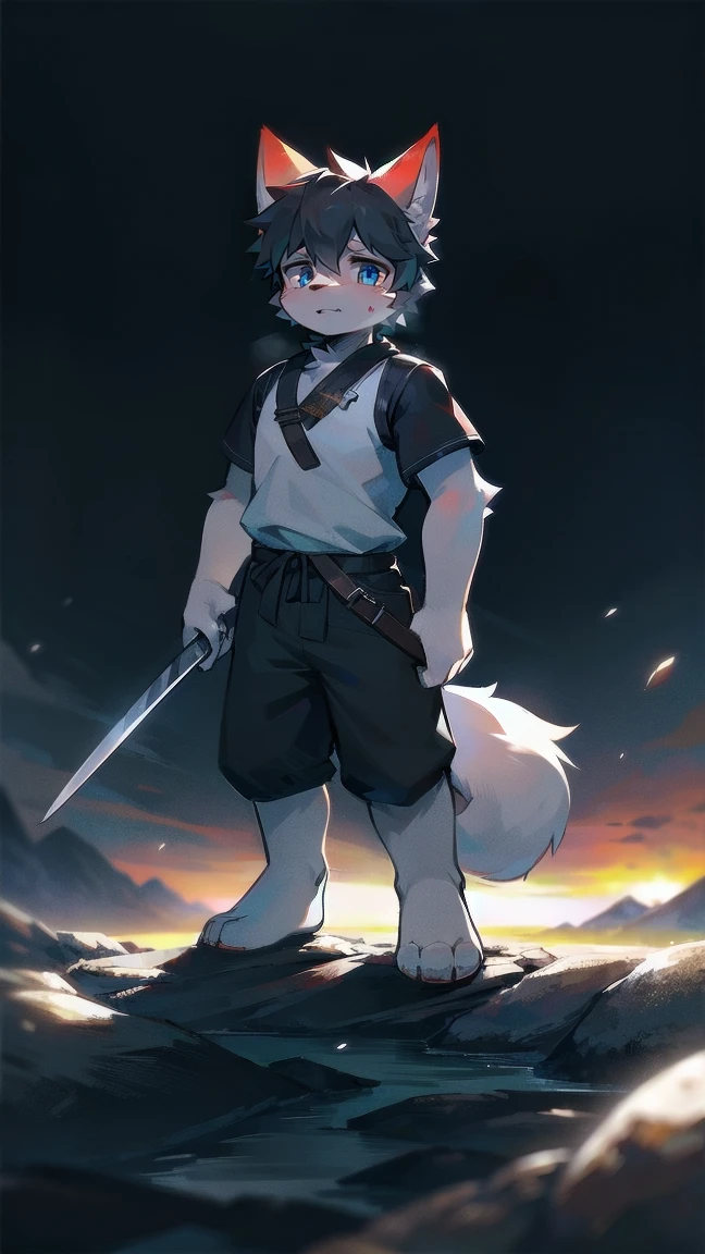 White Wolf，black hair，Sky blue eyes，hairy，Wolf ears，Wolf tail，Full body portrait，The character is in the center of the frame，Handsome，Confident eye***but，juvenile，Black and white combat uniform，Red neck bib，Black shorts，Short sleeve，hairy arms and legs，Dark background，Dark battlefield，dawn，sunrise，dawn，illumination，shadow，Swordsman，Scabbard and Hold the hilt of a in your hand，The scabbard is at the waist，Highest quality,A tall stature