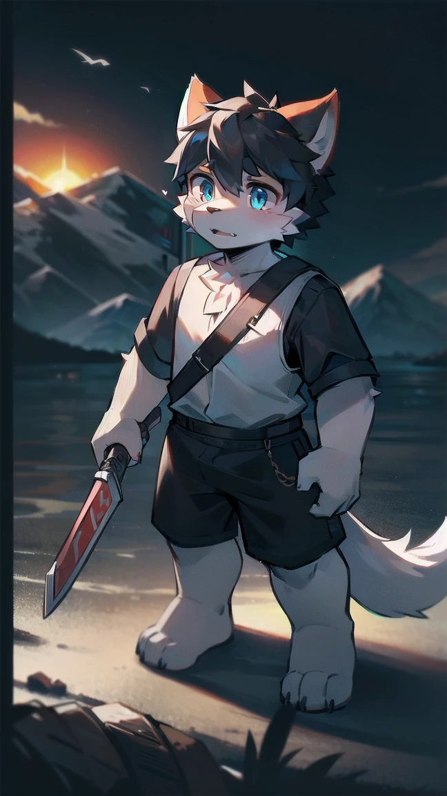 White Wolf,black hair,Sky blue eyes,hairy,Wolf ears,Wolf tail,Full body portrait,The character is in the center of the frame,Handsome,Confident eye***but,juvenile,Black and white combat uniform,Red neck bib,Black shorts,Short sleeve,hairy arms and legs,Dark background,Dark battlefield,dawn,sunrise,dawn,illumination,shadow,Swordsman,Scabbard and Hold the hilt of a in your hand,The scabbard is at the waist,Highest quality,A tall stature