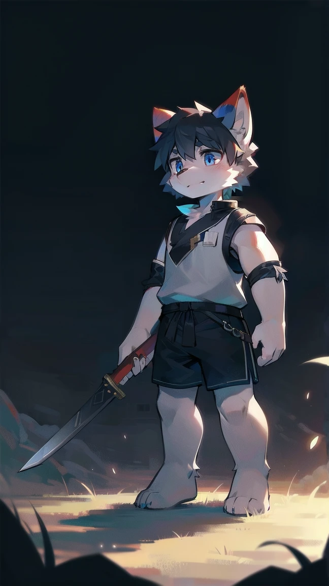 White Wolf，black hair，Sky blue eyes，hairy，Wolf ears，Wolf tail，Full body portrait，The character is in the center of the frame，Handsome，Confident eye***but，juvenile，Black and white combat uniform，Red neck bib，Black shorts，Short sleeve，hairy arms and legs，Dark background，Dark battlefield，dawn，sunrise，dawn，illumination，shadow，Swordsman，Scabbard and Hold the hilt of a in your hand，The scabbard is at the waist，Highest quality,A tall stature