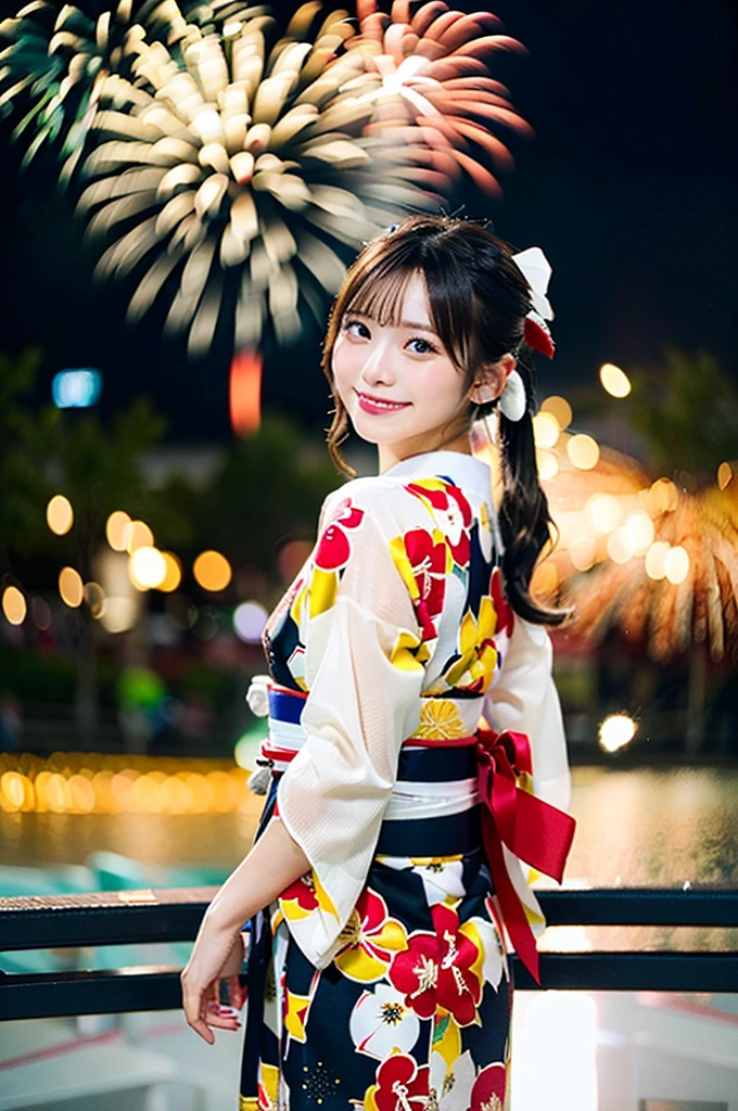 ((Highest quality, 8K, masterpiece: 1.3)),RAW Photos,Realistic atmosphere,Lens flare, Ray Tracing,(Detailed beautiful white skin:1.3),Beautiful Japanese,22 years old, Detailed face,Bun Hair,A gorgeous hairstyle with red and gold hair accessories,(Watching the fireworks wearing a floral yukata:1.2),White yukata with sleeves,((Ribbon-type obi:1.3)),((Looking back with an innocent smile:1.3)),Raise your hand and rejoice,Blurred grand fireworks,(Many colorful fireworks:1.2)Star Mine,Fireworks across the sky,Large fireworks,Huge fireworks