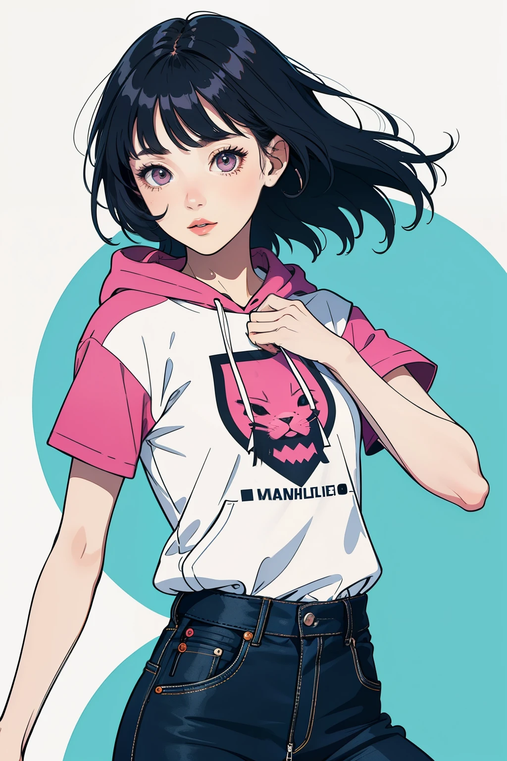 Create a vector design for a t-shirt featuring a stylish girl wearing a hoodie. The design should highlight her in a dynamic pose, capturing a sense of confidence and modern street style. The hoodie should have intricate patterns and a logo design on the front. Use a color palette of pastel pinks, purples, and whites, with subtle gradients to add depth. The overall style should blend elements of anime and minimalist digital art, with clean lines and a sleek finish. Include background elements like abstract shapes and geometric patterns to enhance the visual appeal.