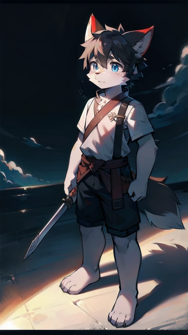 White Wolf，black hair，Sky blue eyes，hairy，Wolf ears，Wolf tail，Full body portrait，The character is in the center of the frame，Handsome，Confident eye***but，juvenile，Black and white combat uniform，Red neck bib，Black shorts，Short sleeve，hairy arms and legs，Dark background，Dark battlefield，dawn，sunrise，dawn，illumination，shadow，Swordsman，Scabbard and Hold the hilt of a in your hand，The scabbard is at the waist，Highest quality,A tall stature