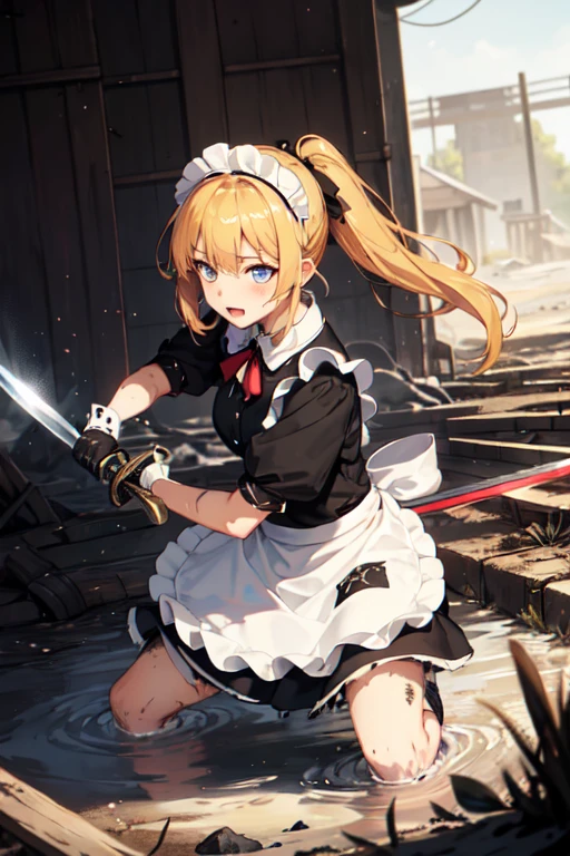 (((Highest quality))), ((masterpiece)), (((detailed))), (((Attention to detail))), One girl, cute, Blonde, Blue Eyes, Small breasts, ((Black maid outfit, White apron, Headband, The skirt is long)), (((A girl in a maid outfit is fighting with a large sword))), ((燃えているbattlefield1.4)), wasteland, fierce fighting, battlefield, Fierce Battle, 
Has a big sword, ((Western design sword)), Enemy, Tsuba competition, Slashing, ((duel)), (((The sword is held by a stick.))), ((Wielding a sword)), (((Soot and mud, 服やエプロンがdirty, dirty, 全身がdirty, Tattered, 1.6))), (((Soot and mud, メイド服がdirty, エプロンがdirty, 服がTattered, ))), ((Covered in soot, Covered in mud, Covered in charcoal, )), Great Khan, Tattered, Torn clothing, 
仲間はやられ一人Enemyと戦っている, 