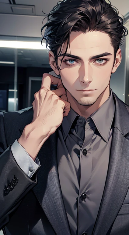 (best quality,4k,8k,highres,masterpiece:1.2),ultra-detailed,(realistic,photorealistic,photo-realistic:1.37),1 man,31 years old,mature man,very handsome,without expression,smile,short grey black hair,blue eyes,penetrating gaze,perfect face without errors,imposing posture,businessman,office background,cinematic lighting,hdr image