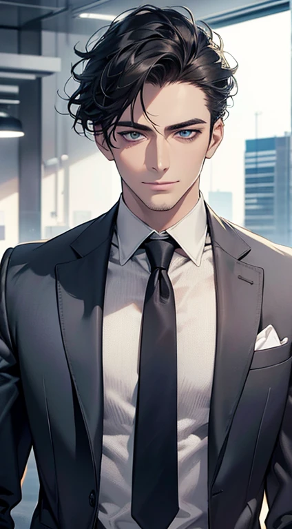 (best quality,4k,8k,highres,masterpiece:1.2),ultra-detailed,(realistic,photorealistic,photo-realistic:1.37),1 man,31 years old,mature man,very handsome,without expression,smile,short grey black hair,blue eyes,penetrating gaze,perfect face without errors,imposing posture,businessman,office background,cinematic lighting,hdr image